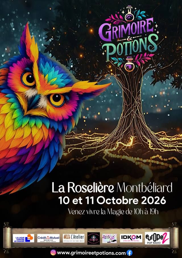 Affiche officielle du festival Grimoire et Potions &agrave; la Roseli&egrave;re de Montb&eacute;liard les 10 et 11 octobre 2026